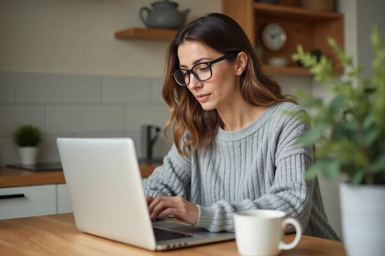 Femme gérant un sinistre en ligne sur son ordinateur portable dans une cuisine moderne