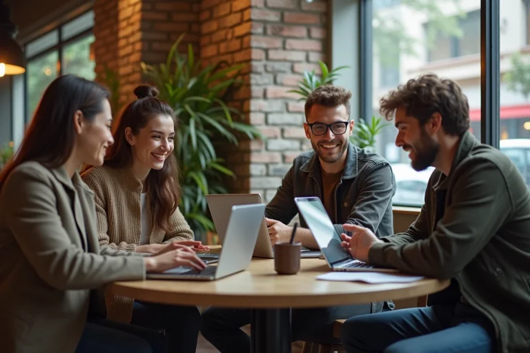 Groupe de jeunes adultes discutant digital dans un café