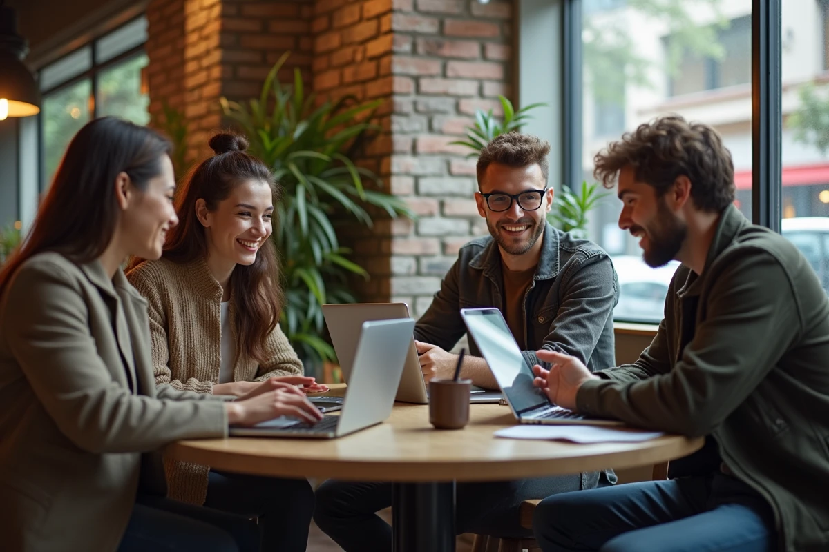 Groupe de jeunes adultes discutant digital dans un café