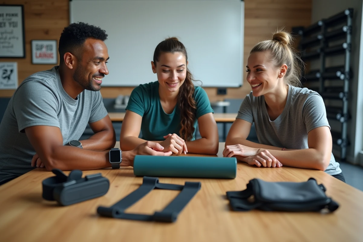 Groupe de sportifs comparant des équipements sportifs sur une table dans un studio de coaching moderne