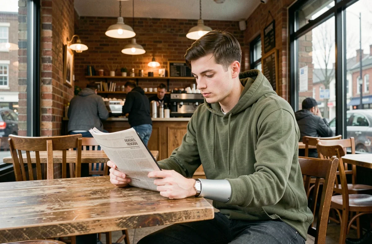 Jeune homme avec prothèse de bras lisant dans un café, illustration du handicap au quotidien