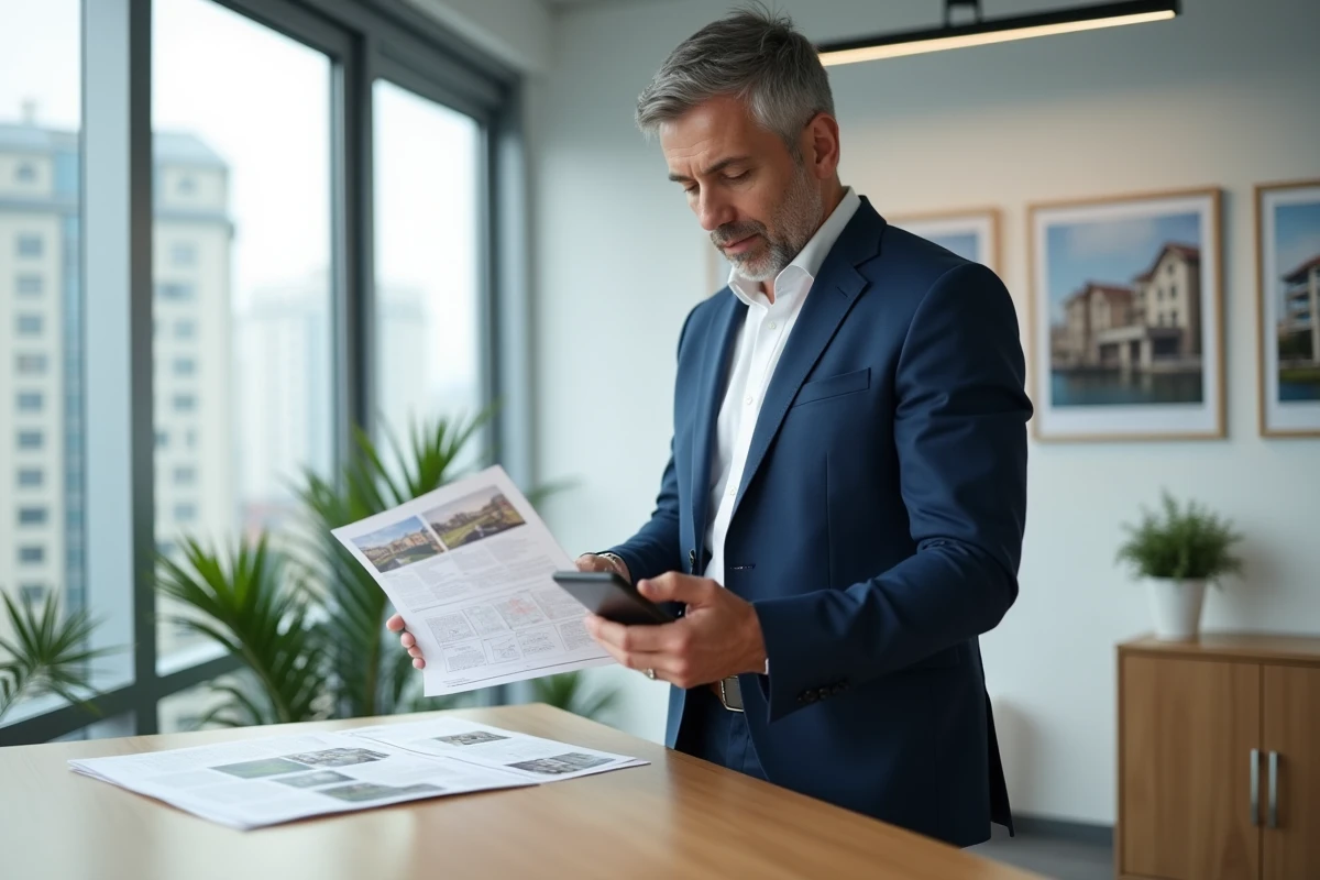 Homme analysant des annonces immobilières imprimées et sur smartphone dans une agence immobilière