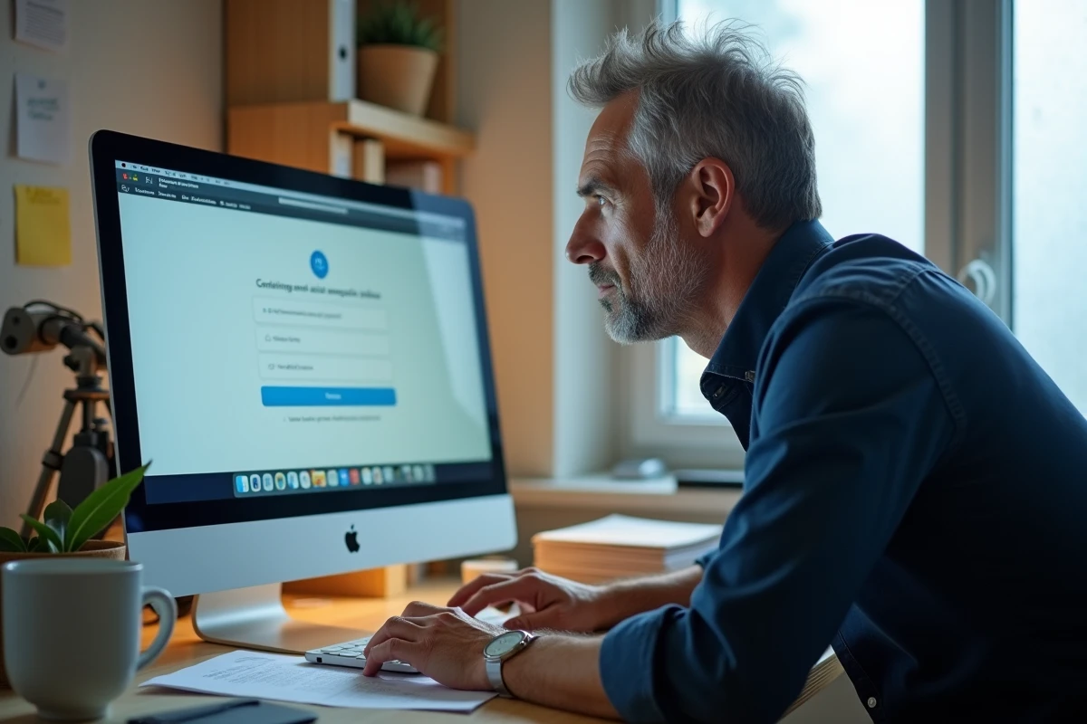 Homme consultant un document papier tout en accédant à un site administratif en ligne depuis son bureau professionnel