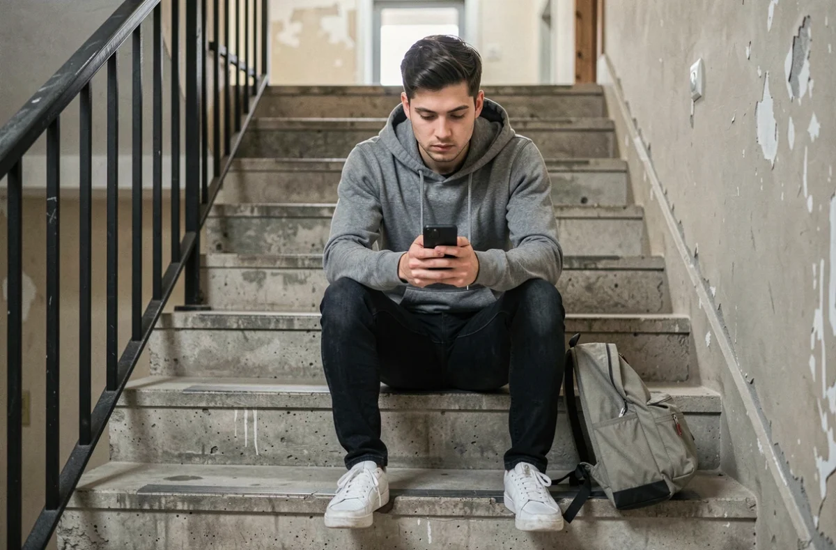 Jeune homme assis dans un escalier cherchant un serrurier sur son téléphone après avoir perdu ses clés