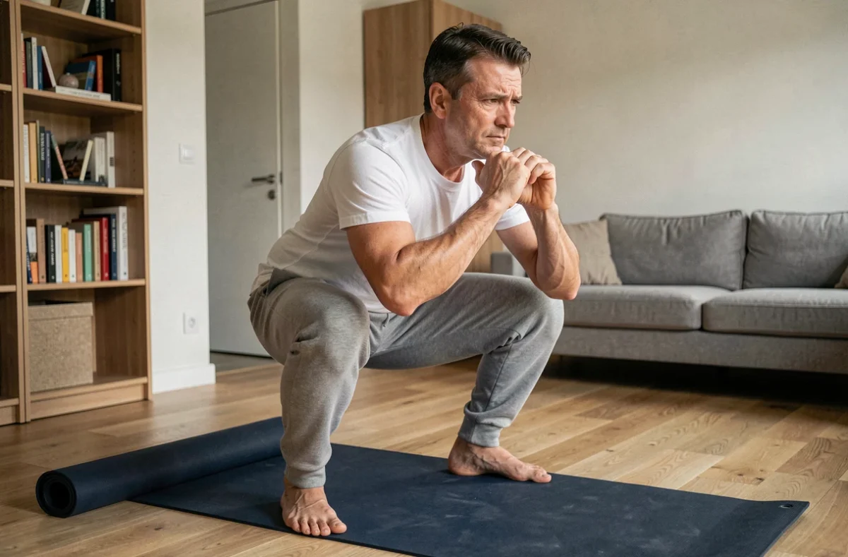 Homme faisant des squats dans son salon, s'entraînant à domicile sans équipement pour rester en forme