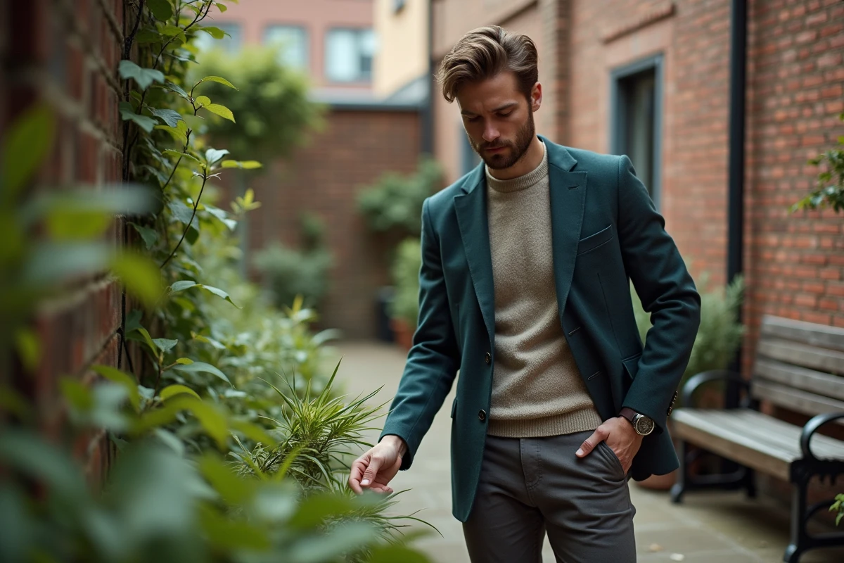 Homme en blazer recyclé dans un jardin urbain