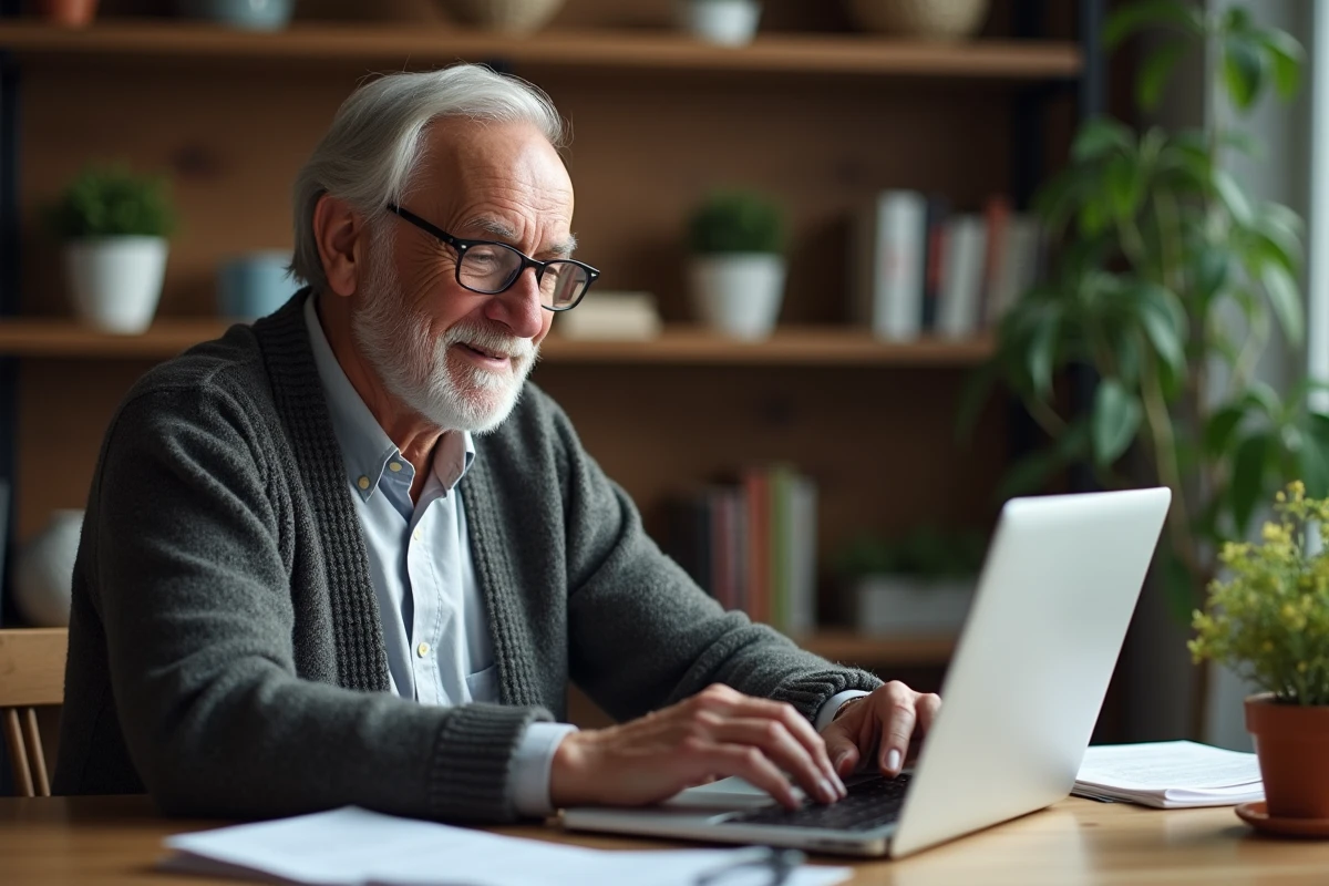 Homme âgé lisant un annuaire de crédit sur son ordinateur
