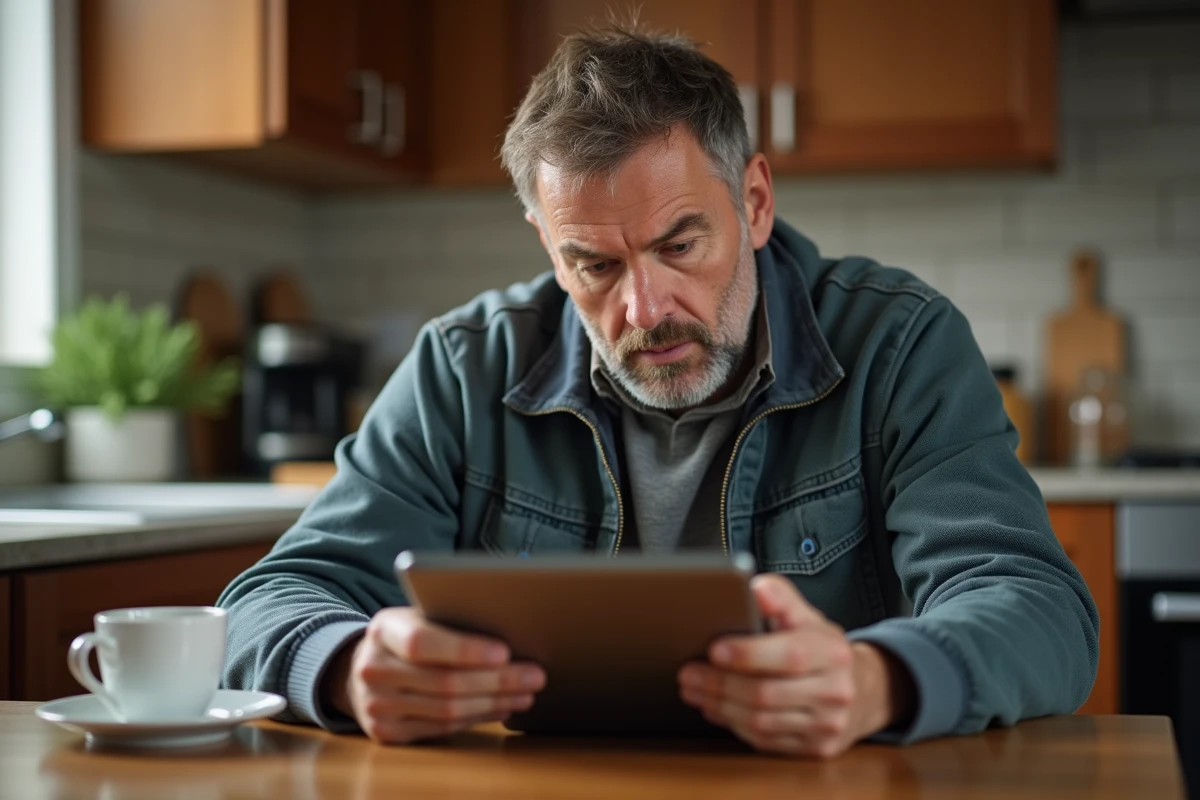 Homme lisant un article sur tablette dans la cuisine