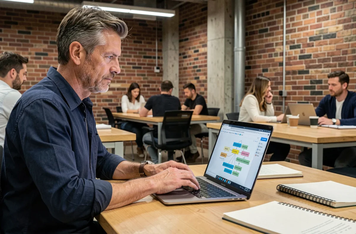 Homme explorant la structure hiérarchique d'un site web sur un ordinateur portable dans un espace de coworking