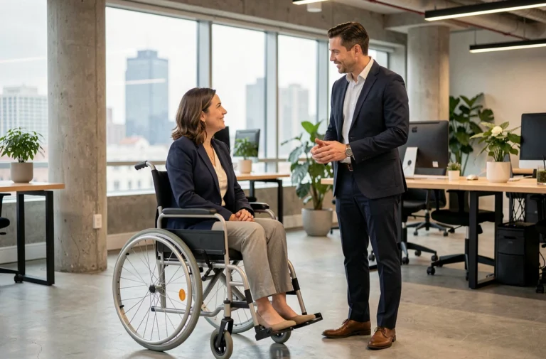 Femme en fauteuil roulant discutant avec un collègue dans un bureau moderne et inclusif