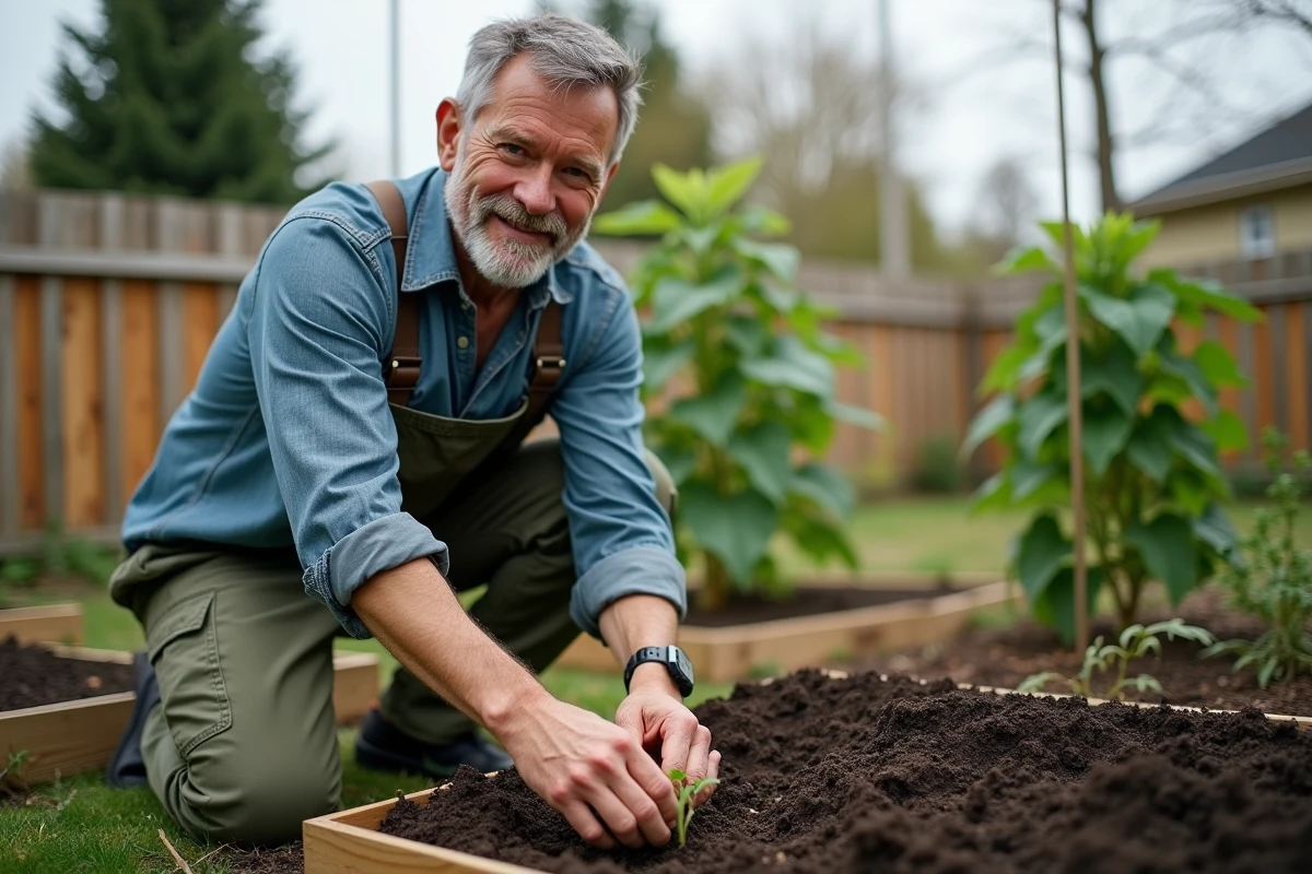 Homme jardant dans un potager familial en plein air, replantant des semis dans un jardin surélevé au printemps