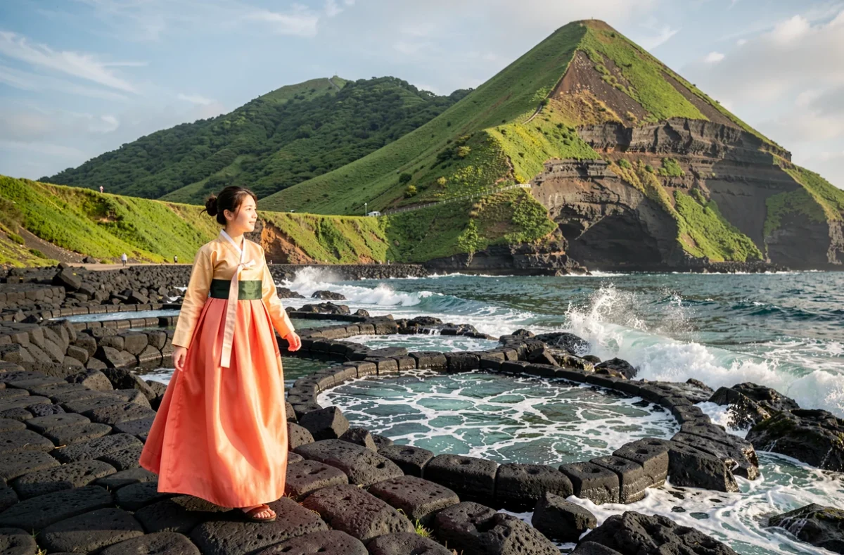 Une femme en hanbok coloré marchant sur le rivage de lave noire de l'île de Jeju avec le cratère volcanique de Seongsan Ilchulbong émergeant de la mer en arrière-plan