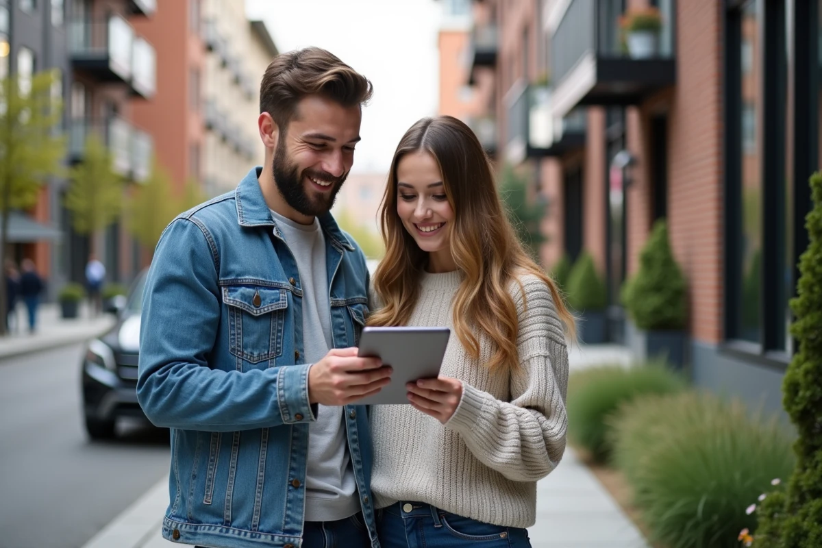 Jeune couple regarde des options immobilières sur une tablette dans la ville