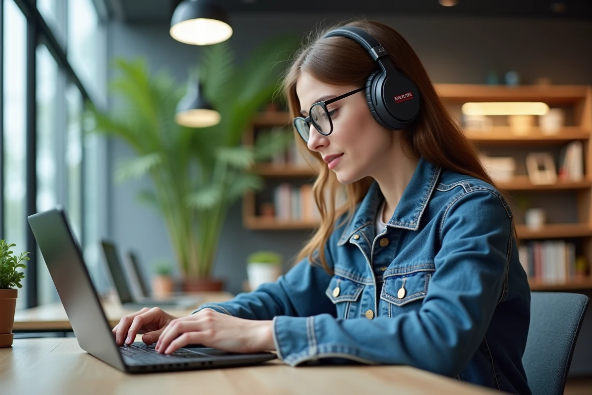Jeune femme en coworking utilisant son ordinateur portable