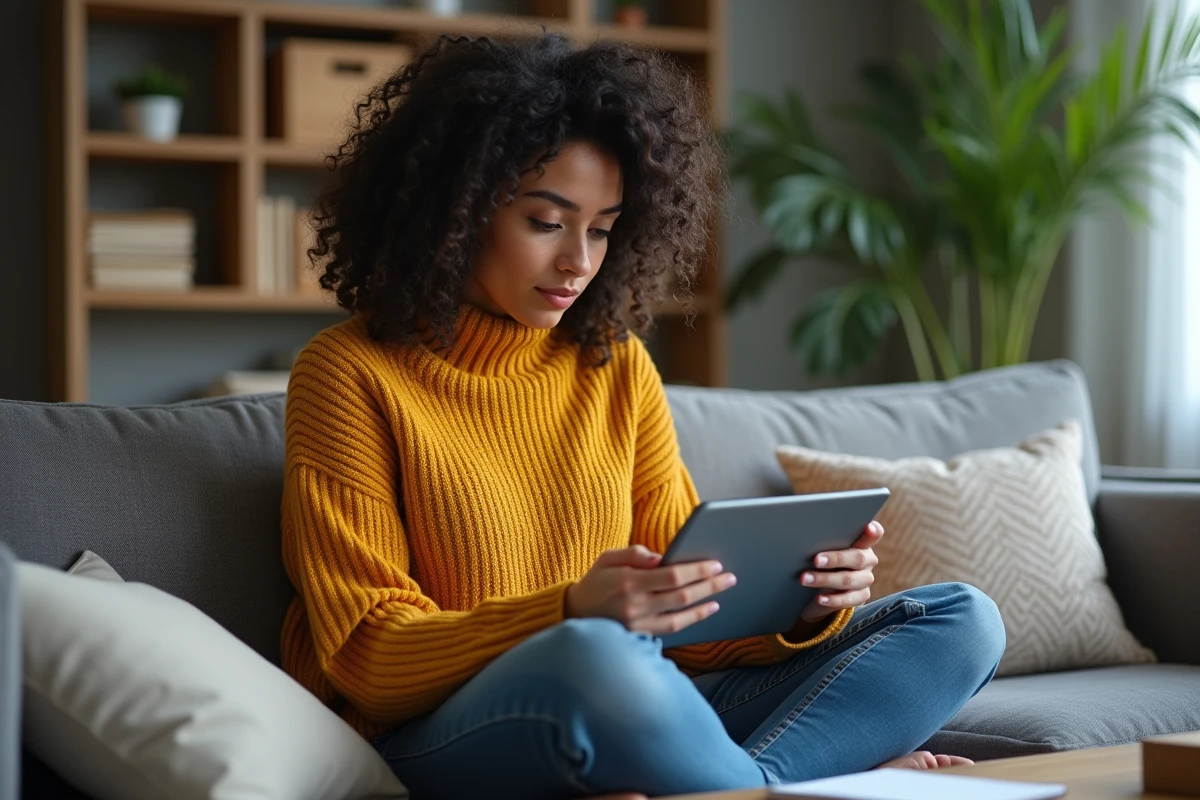 Jeune femme résolvant un problème de connexion à l'Urssaf sur une tablette depuis son salon