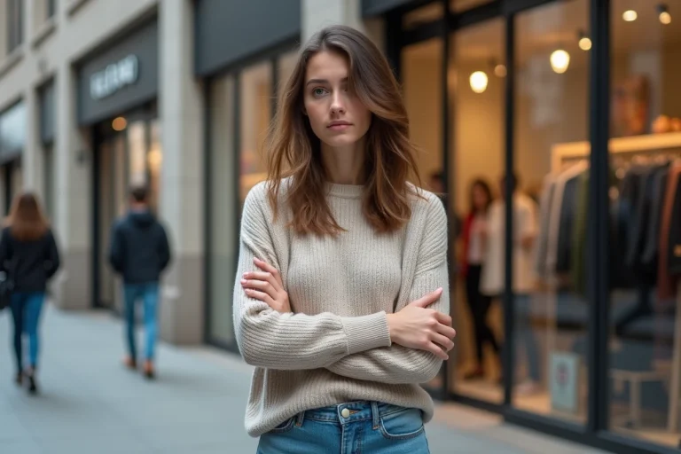Jeune femme pensant devant une boutique moderne