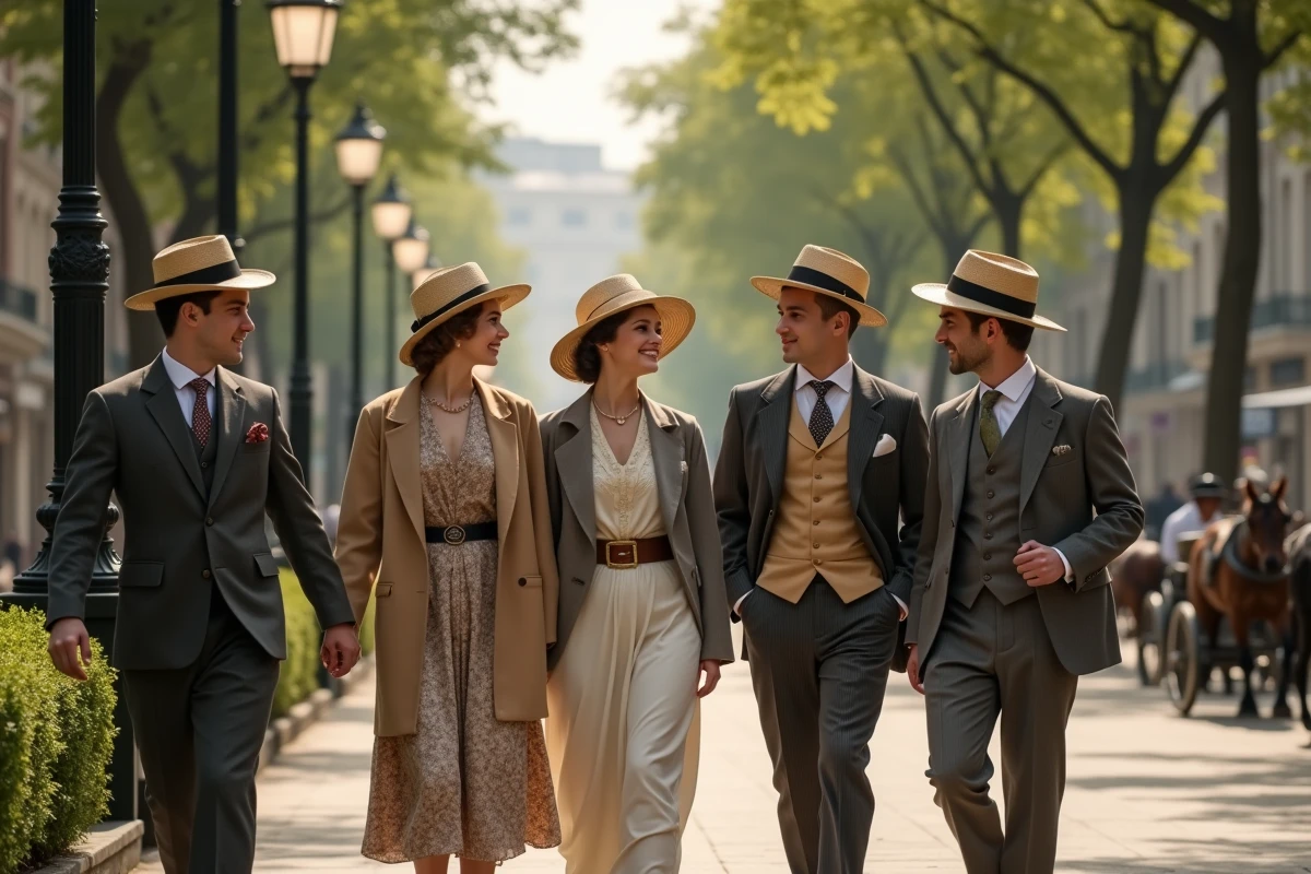 Jeunes hommes et femmes en promenade dans une ville en 1910