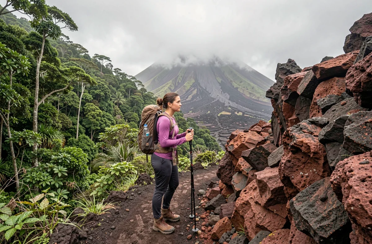 Une randonneuse sur un sentier volcanique de La Réunion, entre forêt tropicale luxuriante et champs de lave, illustrant les microclimats spectaculaires de l'île