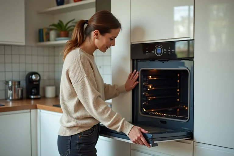 Locataire inspectant un four en panne dans une cuisine d'appartement en location