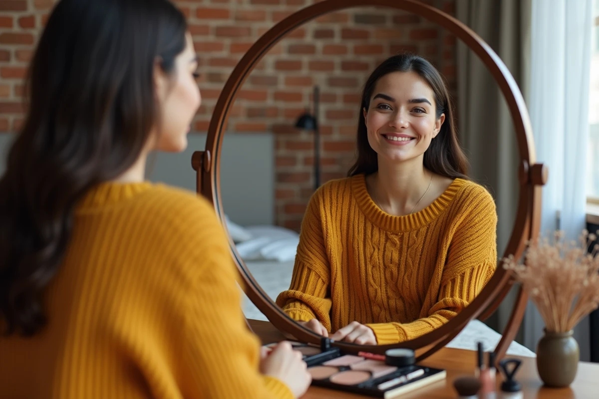 Jeune femme se maquillant devant un miroir rond dans une chambre cosy avec table de maquillage en bois