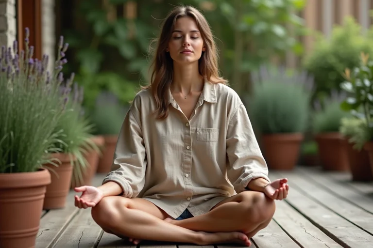 Femme pratiquant la méditation en plein air entourée de plantes aromatiques sur une terrasse en bois naturel