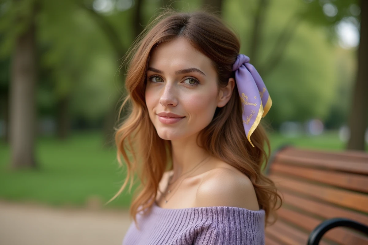 Femme portant un gavroche Hermès noué en accessoire de côté sur une mèche de cheveux châtains ondulés