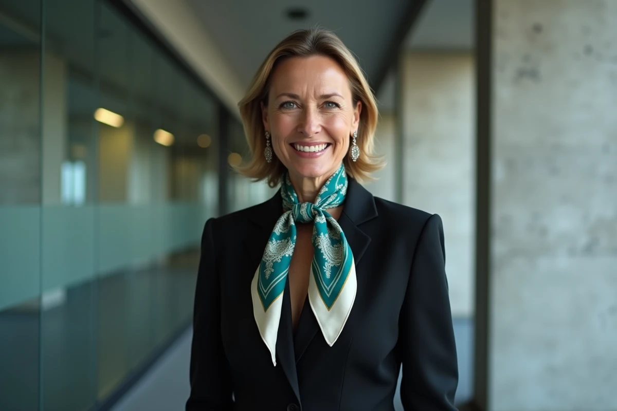 Femme portant un gavroche Hermès en nœud papillon asymétrique au cou avec un blazer noir élégant