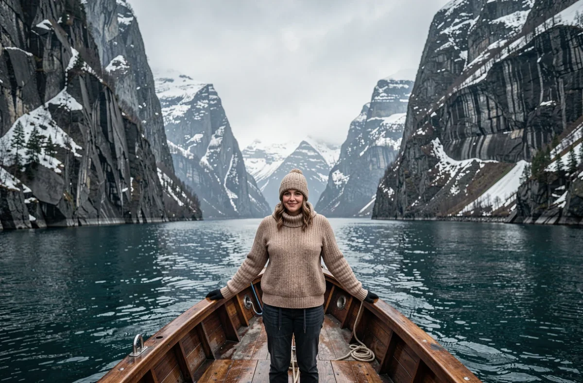 Une voyageuse à la proue d'un ferry traversant les eaux immobiles d'un fjord norvégien encaissé entre de vertigineuses parois rocheuses enneigées