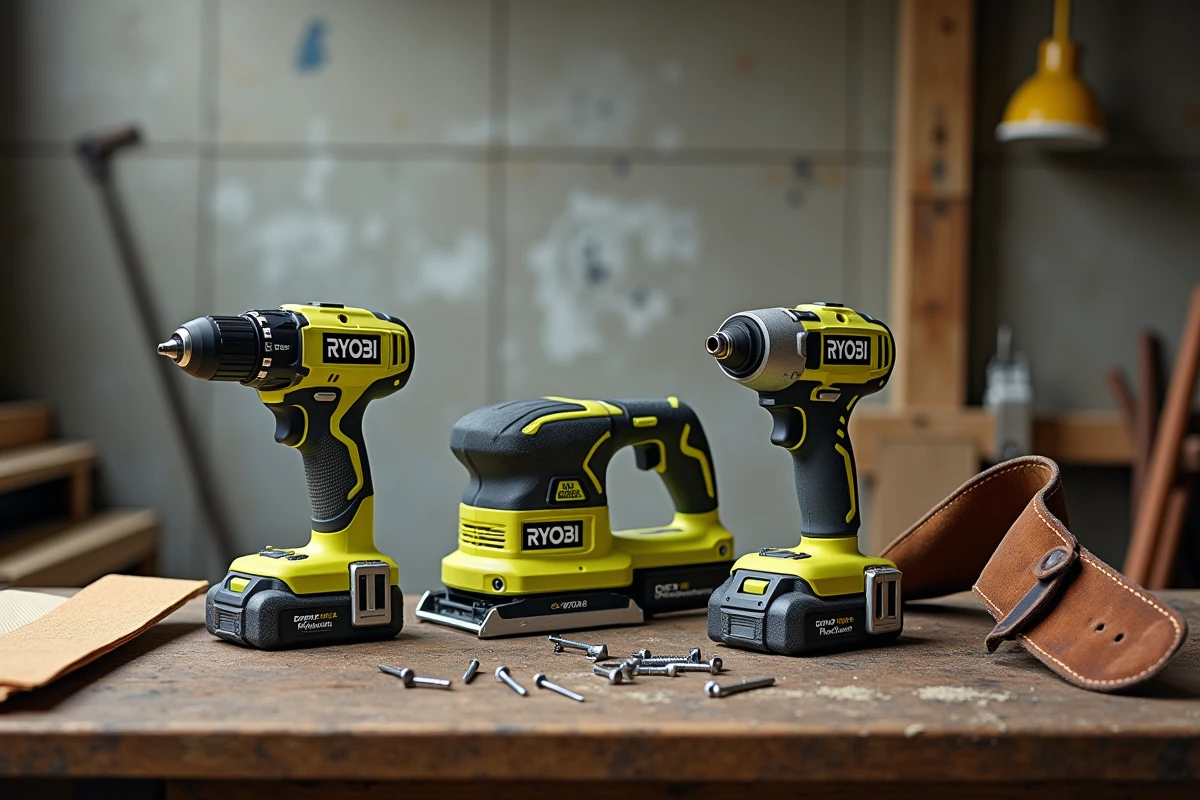 Ensemble d'outils sans fil Ryobi ONE+ posés sur un établi d'atelier pour un test comparatif