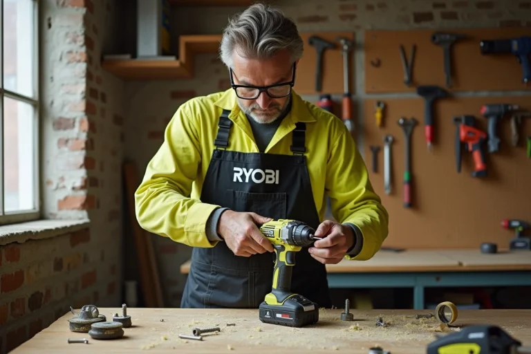 Artisan utilisant une perceuse sans fil Ryobi dans un atelier de bricolage bien équipé