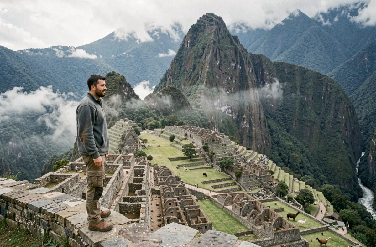 Un voyageur face aux terrasses incas de Machu Picchu enveloppées de brume, avec les Andes et la vallée du fleuve en arrière-plan au Pérou