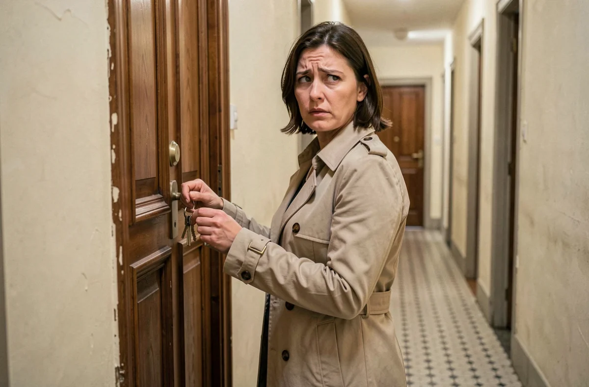 Femme devant la porte de son appartement réalisant qu'elle a perdu ses clés