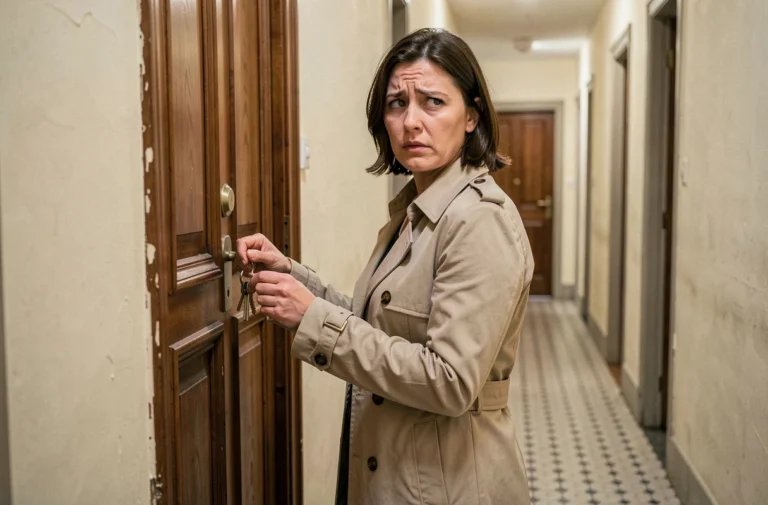 Femme devant la porte de son appartement réalisant qu'elle a perdu ses clés