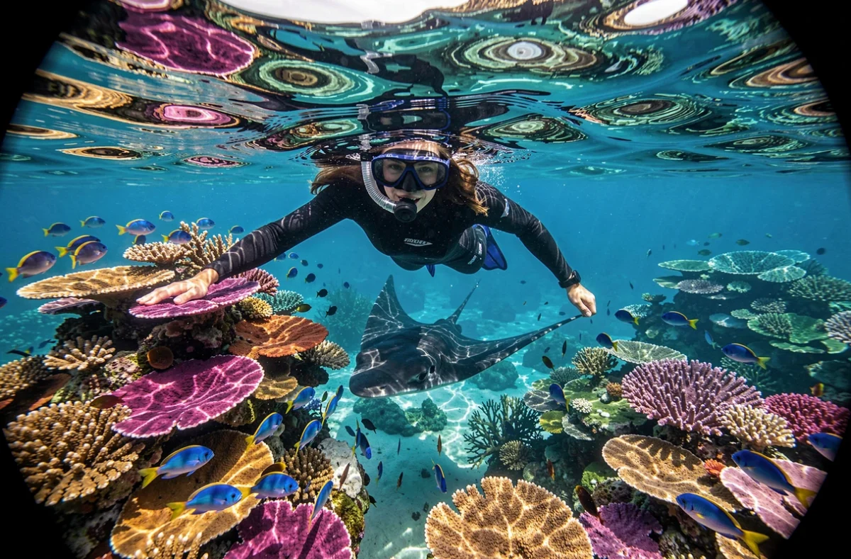 Une plongeuse en apnée au-dessus d'un récif corallien extrêmement diversifié à Raja Ampat en Indonésie, entourée de poissons tropicaux et d'une raie manta