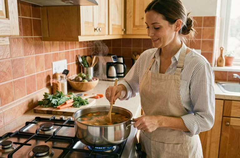 Femme préparant une soupe de légumes maison dans une cuisine chaleureuse et familiale