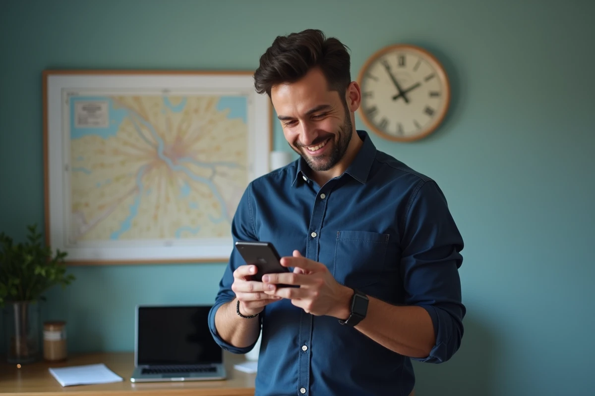 Homme consultant le remboursement de son assurance sur smartphone dans un bureau à domicile