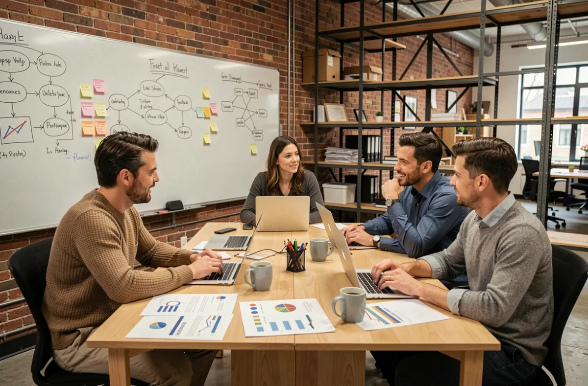 Équipe de professionnels en réunion stratégique autour d'une table dans une startup moderne