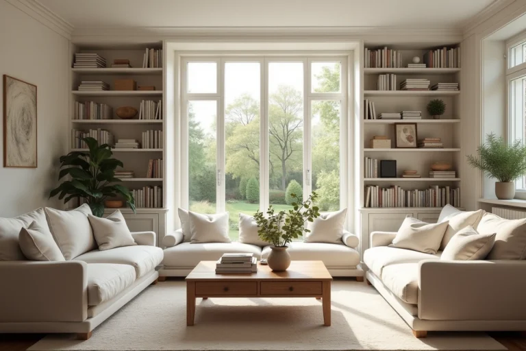 Salon spacieux d'une maison 5 pièces avec canapé en lin, bibliothèque intégrée et vue sur jardin