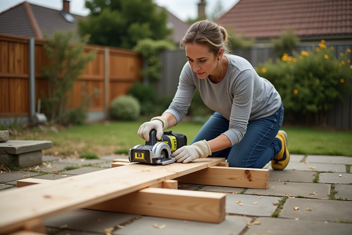 Femme utilisant une scie circulaire Ryobi sans fil pour découper des planches en bois dans un jardin