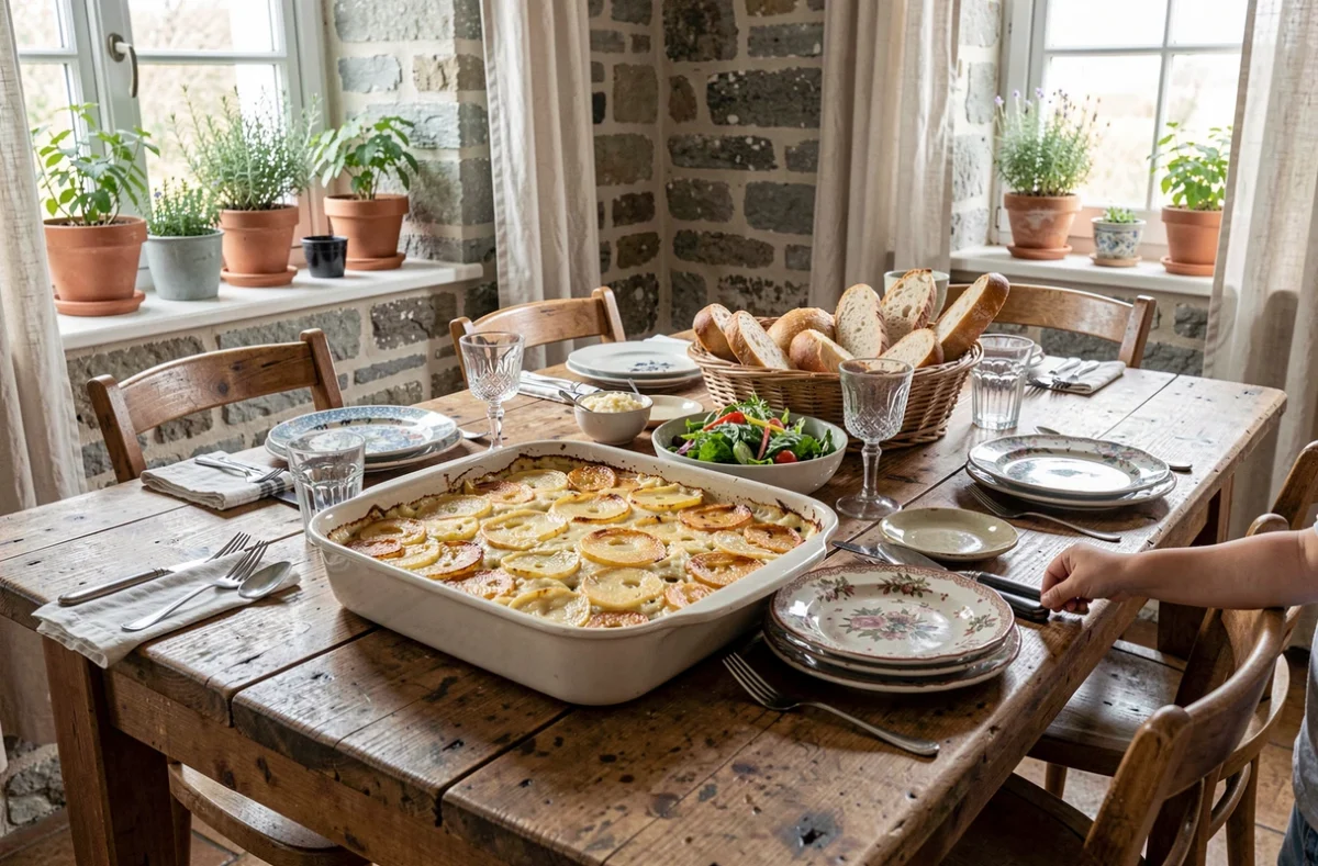 Table familiale dressée avec un gratin dauphinois maison et une salade verte pour le repas du soir