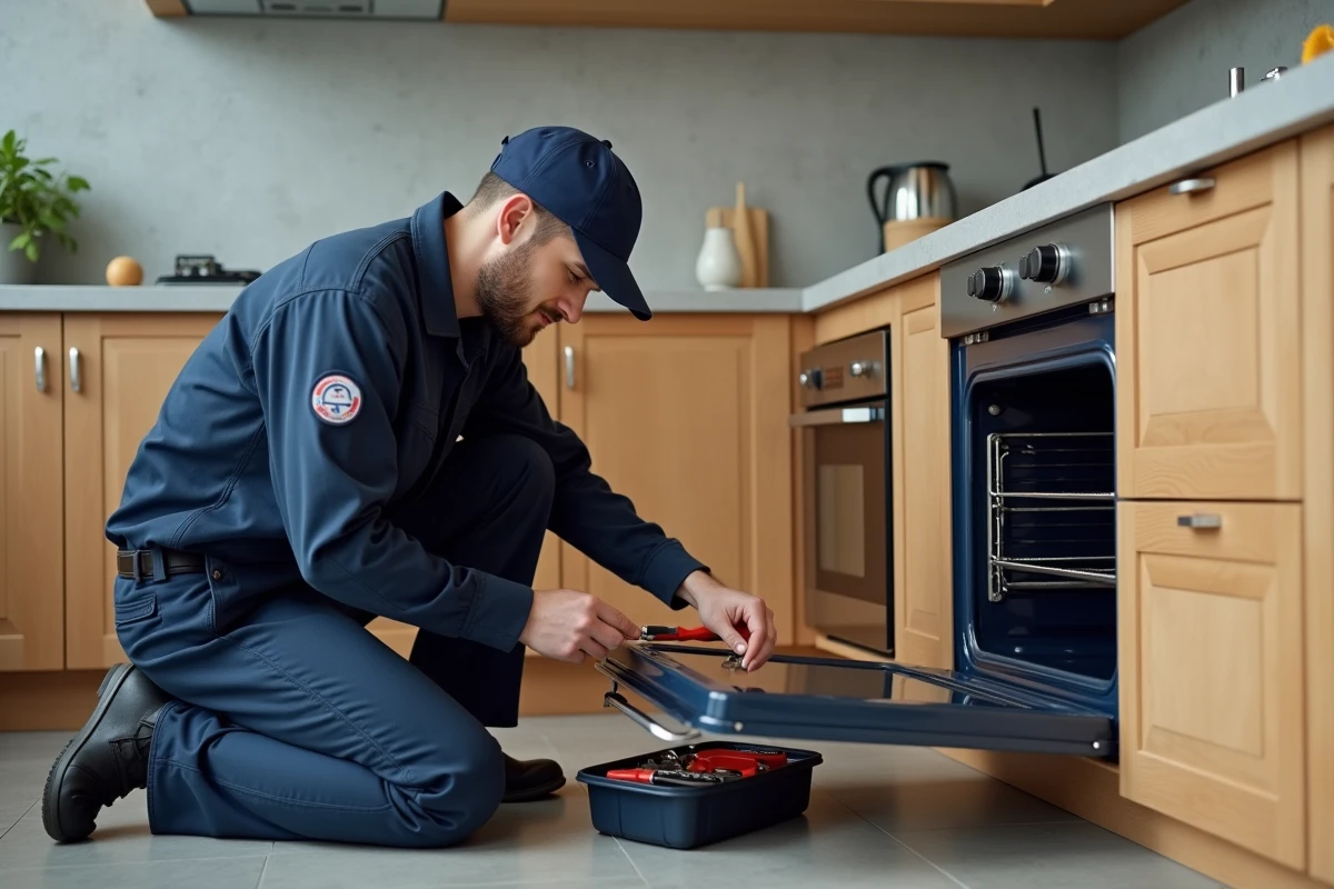 Technicien réparant un four encastré dans une cuisine de logement locatif