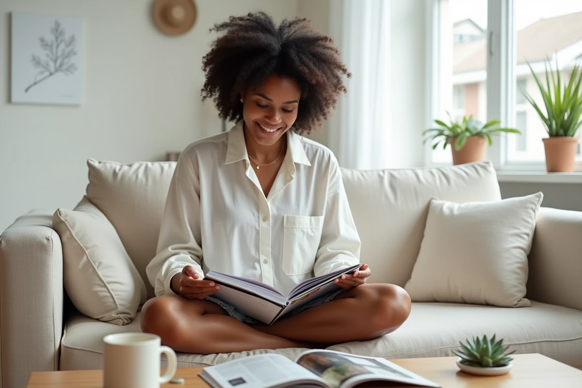 Femme aux cheveux naturels lisant des magazines beauté et bien-être sur un canapé en lin dans un salon scandinave