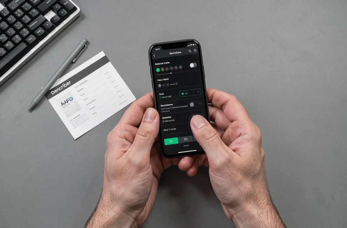 Mains tenant un smartphone lors d'un test professionnel, avec fiche technique et clavier mécanique sur bureau gris
