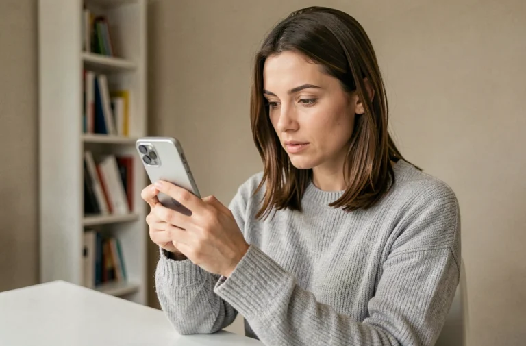 Femme tenant un smartphone moderne dans un bureau minimaliste, comparant les fonctionnalités pour un test 2024