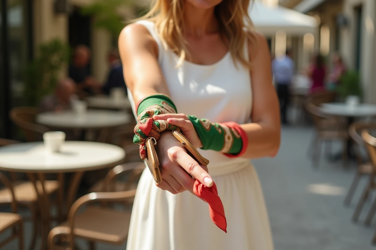 Femme portant un gavroche Hermès noué en bracelet de soie autour du poignet avec une robe blanche