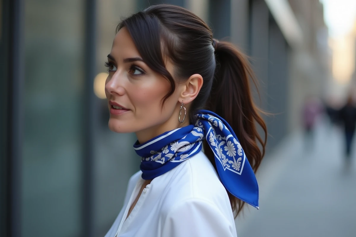 Femme avec une queue de cheval haute ornée d'un gavroche Hermès en soie bleu cobalt noué à la base