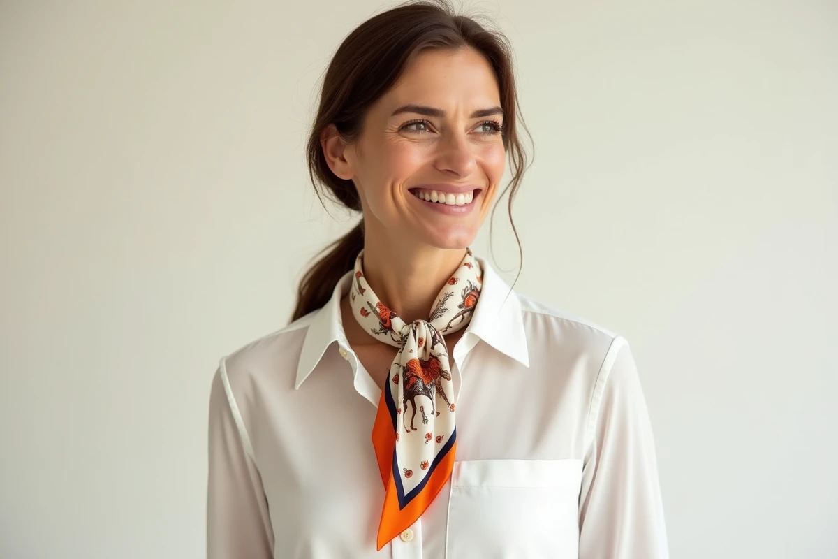 Femme portant un gavroche Hermès noué en triangle plat sur le devant du cou avec un chemisier blanc