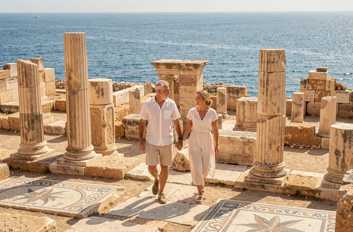 Un couple se promenant parmi les colonnes romaines des ruines de Carthage en Tunisie avec la Méditerranée scintillante en arrière-plan